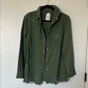 NWT Green Distressed Button-Up Shirt